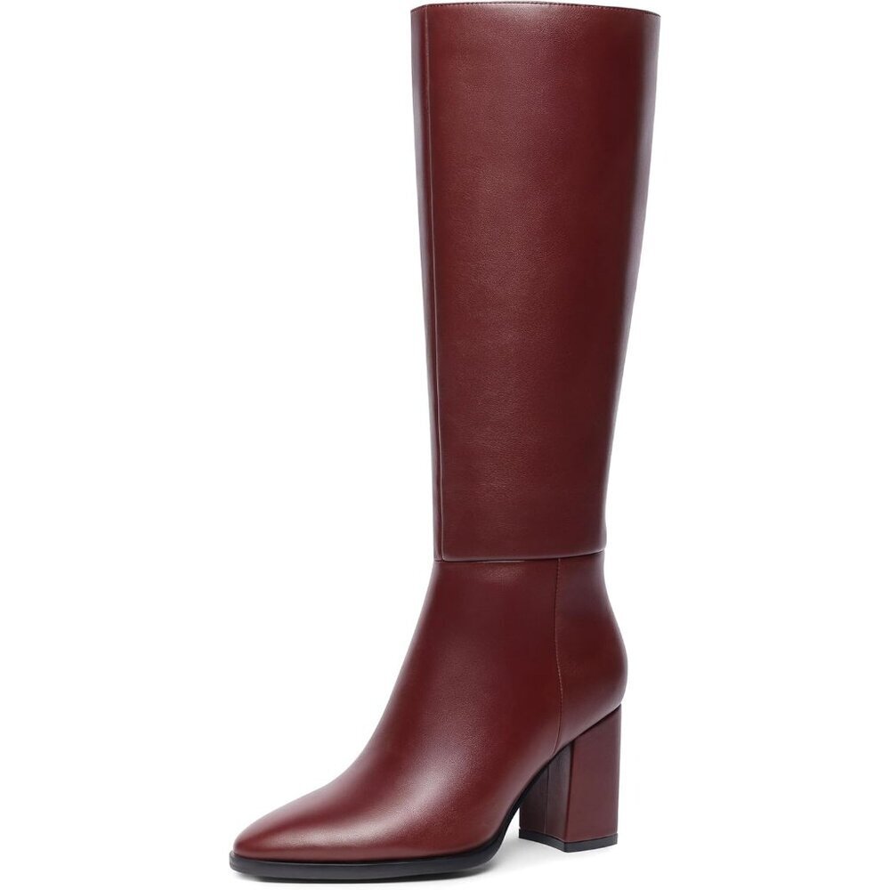 Women's Burgundy Classic Chunky Heel Pointed Toe High Heel Side Zipper Tall Boot